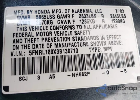 2003 Honda Odyssey Ex-L from USA, damaged, VIN 5FNRL189X3B138710